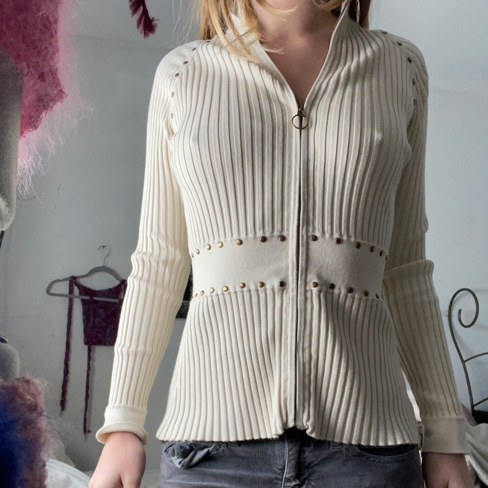 White ribbed zip up jacket with studs
